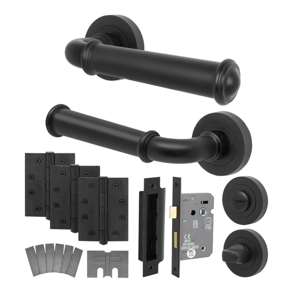 Claro Matt Black Lever on Rose Door Handle Kit - Medium Duty FD30 - 60 - 80mm Bathroom Lock - tradefit - Featured Image