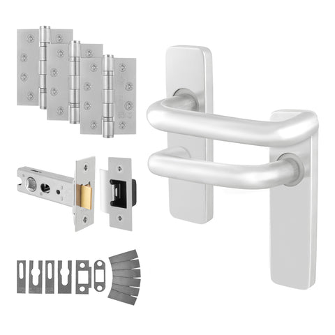 Return to Door Lever on Backplate Satin Aluminium Door Handle Kit - Medium Duty FD30/60 - 76mm Latch - tradefit