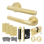 Dumont Satin Brass Lever on Rose Door Handle Kit - Medium Duty FD30/60 - 80mm Euro Sashlock and Double Cylinder - Master Keyed - 1