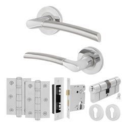 Bosa Duo Style Polished Chrome / Satin Nickel Lever on Rose Door Handle Kit - 80mm Euro Sashlock and Double Cylinder - Keyed to Differ - tradefit