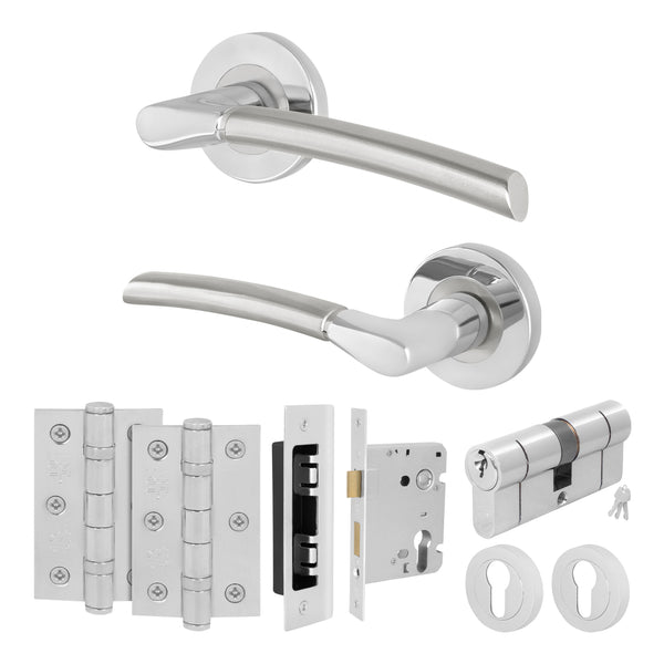 Bosa Duo Style Polished Chrome / Satin Nickel Lever on Rose Door Handle Kit - 80mm Euro Sashlock and Double Cylinder - Keyed to Differ - tradefit - Featured Image