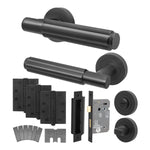 Flores Matt Black Lever on Rose Door Handle Kit - Medium Duty FD30/60 - 80mm Bathroom Lock - tradefit - 1