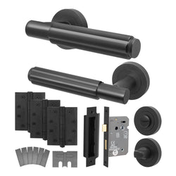 Flores Matt Black Lever on Rose Door Handle Kit - Medium Duty FD30/60 - 80mm Bathroom Lock - tradefit