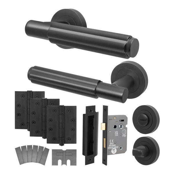 Flores Matt Black Lever on Rose Door Handle Kit - Medium Duty FD30/60 - 80mm Bathroom Lock - tradefit - Featured Image