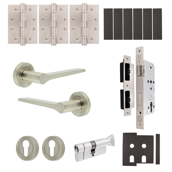 Tapera Satin Nickel Lever on Rose Door Handle Kit - Heavy Duty FD30/60 - DIN Euro Sashlock and Thumbturn Cylinder - Keyed Alike - tradefit - Featured Image