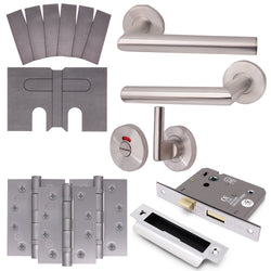 Satin Stainless Mitred Door Handle on Rose Fire Door Pack - Bathroom - FD30/60 - tradefit