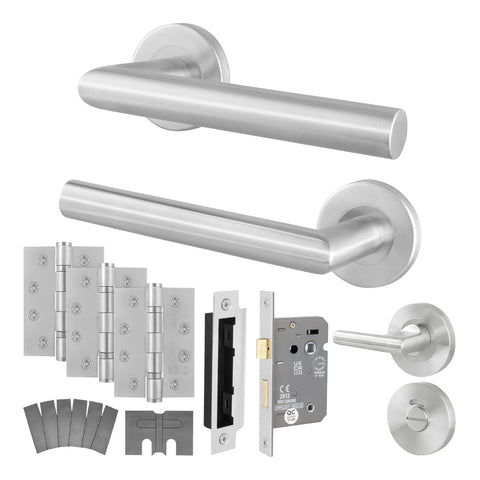 Mitre Stainless Steel Lever on Rose Door Handle Kit - Medium Duty FD30/60 - 80mm Bathroom Lock - tradefit
