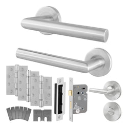Mitre Stainless Steel Lever on Rose Door Handle Kit - Medium Duty FD30/60 - 80mm Bathroom Lock - tradefit
