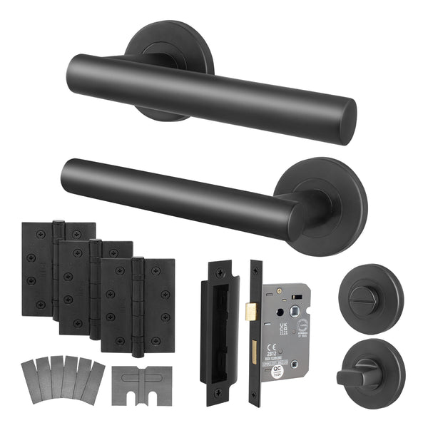 Vigo Matt Black Lever on Rose Door Handle Kit - Medium Duty FD30/60 - 80mm Bathroom Lock - tradefit - Featured Image