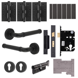 Santana Matt Black Lever on Rose Door Handle Kit - Medium Duty FD30/60 - 80mm Euro Sashlock and Thumbturn Cylinder - Keyed Alike - tradefit