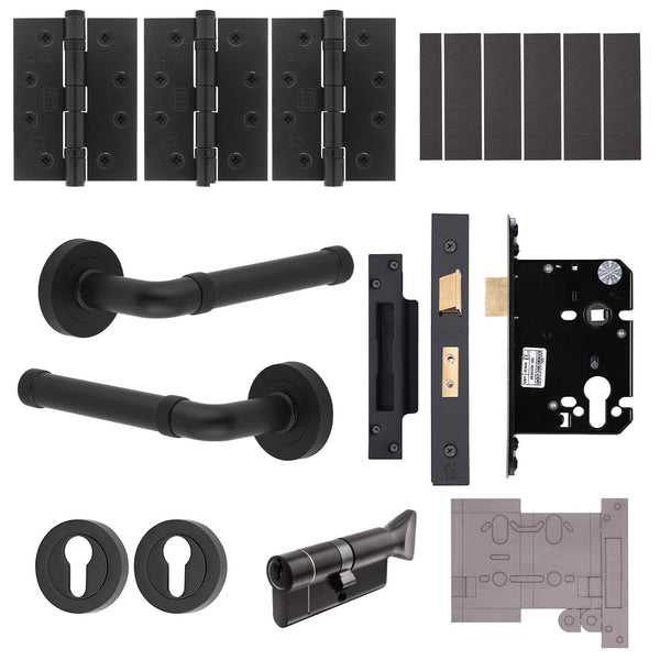 Santana Matt Black Lever on Rose Door Handle Kit - Medium Duty FD30/60 - 80mm Euro Sashlock and Thumbturn Cylinder - Keyed Alike - tradefit - Featured Image