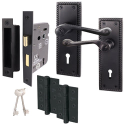 Georgian Rope Edge Scroll Black Door Handle Pack - 64mm Sashlock - tradefit