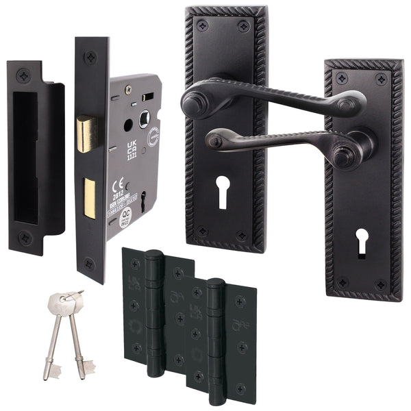 Georgian Rope Edge Scroll Black Door Handle Pack - 64mm Sashlock - tradefit - Featured Image