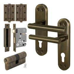 Olbia Antique Brass Lever on Backplate Door Handle Kit - 80mm Euro Sashlock and Double Cylinder - Keyed Alike - tradefit