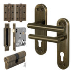 Olbia Antique Brass Lever on Backplate Door Handle Kit - 80mm Euro Sashlock and Double Cylinder - Keyed to Differ - tradefit - 1
