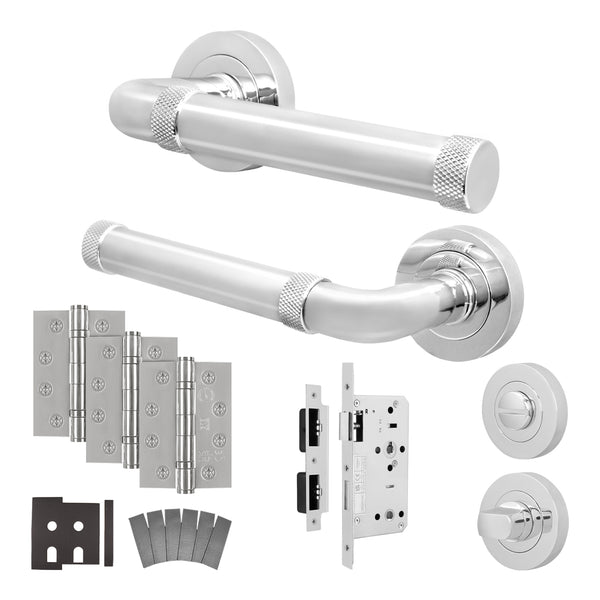 Santana Polished Chrome Lever on Rose Door Handle Kit - Heavy Duty FD30/60 - DIN Bathroom Lock - tradefit - Featured Image