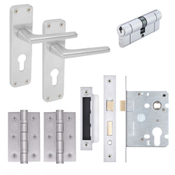 Contractor Satin Aluminium Door Handle Pack - Euro Sashlock and Double Cylinder - tradefit