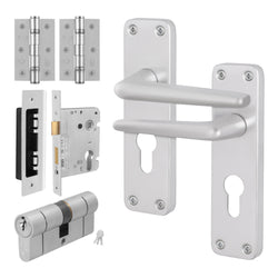 Satin Aluminium Contract Lever Door Handle Kit - 80mm Euro Sashlock and Double Cylinder - Keyed Alike - tradefit