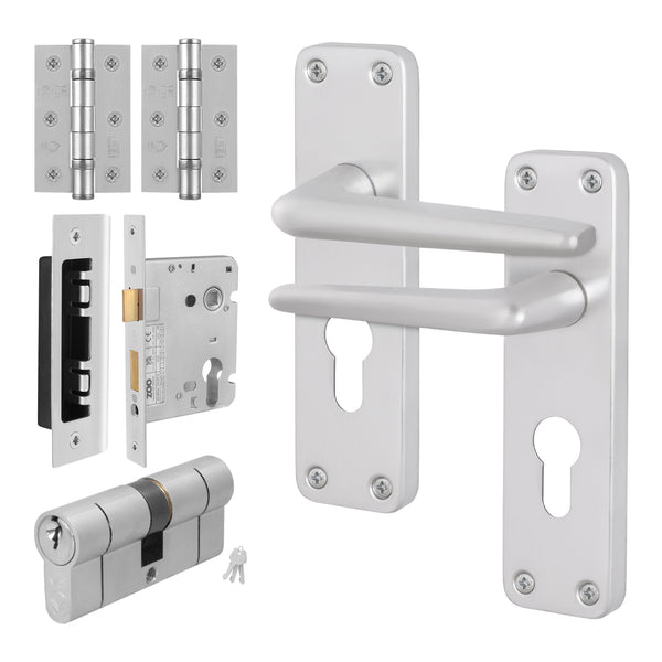 Satin Aluminium Contract Lever Door Handle Kit - 80mm Euro Sashlock and Double Cylinder - Keyed to Differ - tradefit - Featured Image