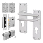 Satin Aluminium Contract Lever Door Handle Kit - 80mm Euro Sashlock and Double Cylinder - Master Keyed - tradefit - 1