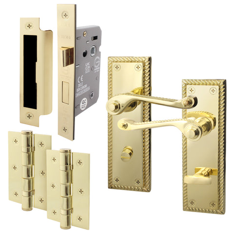 Georgian Rope Edge Scroll Polished Brass Door Handle Pack - 80mm Bathroom - tradefit