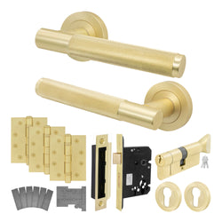 Dumont Satin Brass Lever on Rose Door Handle Kit - Medium Duty FD30/60 - 80mm Euro Sashlock and Thumbturn Cylinder - Keyed Alike - tradefit