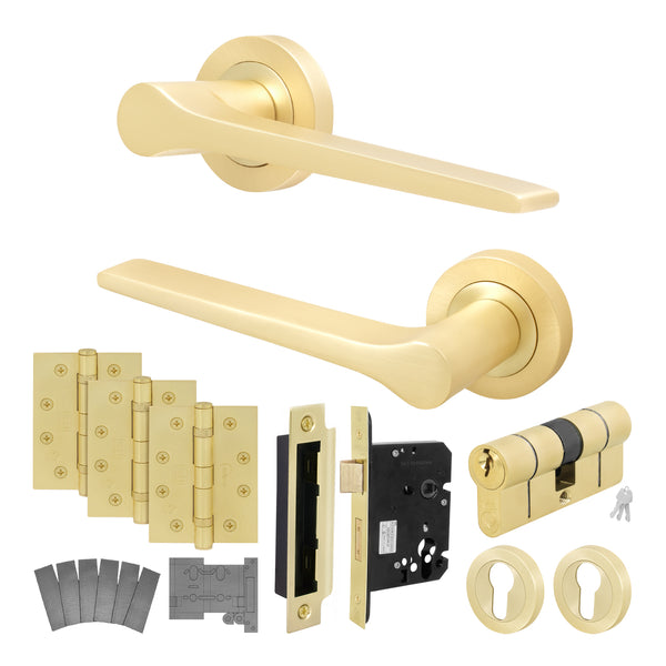 Tapera Satin Brass Lever on Rose Door Handle Kit - Medium Duty FD30/60 - 80mm Euro Sashlock and Double Cylinder - Master Keyed - Featured Image