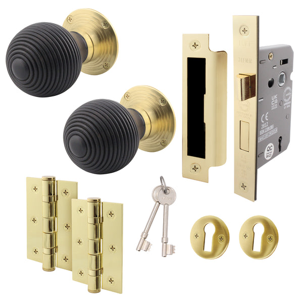 Beehive Black/Brass Wooden Mortice/Rim Door Knob Kit - 80mm Sashlock - tradefit - Featured Image