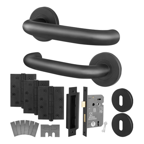 Return to Door Lever on Rose Matt Black Door Handle Kit - Medium Duty FD30/60 - 80mm Sashlock