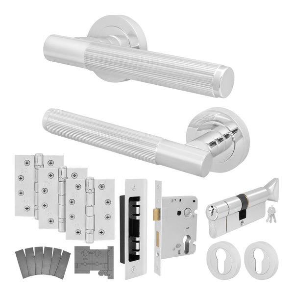 Aurora Polished Chrome Lever on Rose Door Handle Kit - Medium Duty FD30/60 - 80mm Euro Sashlock and Thumbturn Cylinder - Master Keyed - tradefit - Featured Image