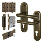 Olbia Antique Brass Lever on Backplate Door Handle Kit - 80mm Euro Sashlock and Cylinder & Turn - Master Keyed - tradefit - 1