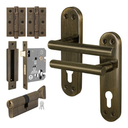 Olbia Antique Brass Lever on Backplate Door Handle Kit - 80mm Euro Sashlock and Cylinder & Turn - Master Keyed - tradefit
