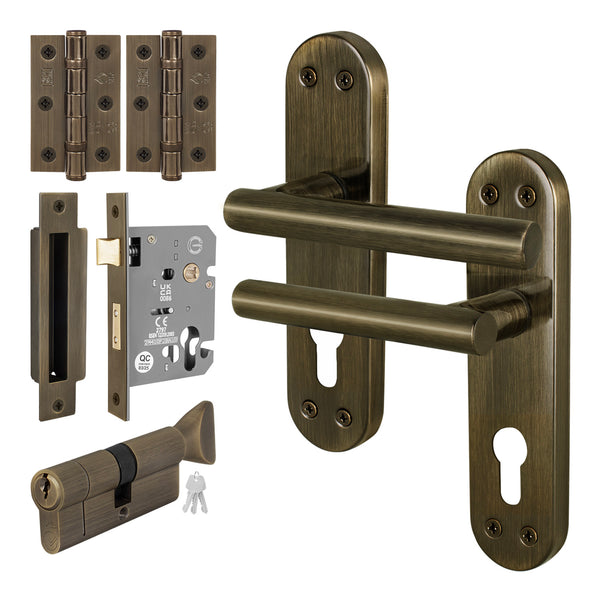 Olbia Antique Brass Lever on Backplate Door Handle Kit - 80mm Euro Sashlock and Cylinder & Turn - Master Keyed - tradefit - Featured Image