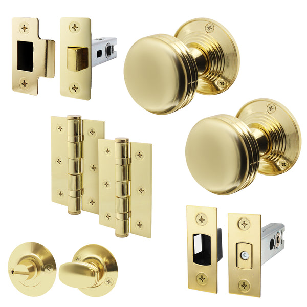 Victorian Ringed Polished Brass Mortice Door Knob Kit - 76mm Bathroom Deadbolt - tradefit - Featured Image