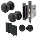Victorian Ringed Black Mortice Door Knob Kit - 80mm Bathroom Lock - 76mm Hinges