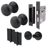 Victorian Ringed Black Mortice Door Knob Kit - 80mm Bathroom Lock - 76mm Hinges - tradefit - 1