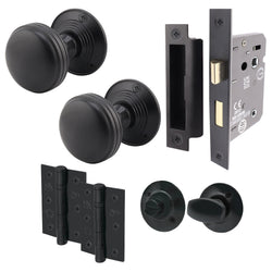 Victorian Ringed Black Mortice Door Knob Kit - 80mm Bathroom Lock - 76mm Hinges - tradefit