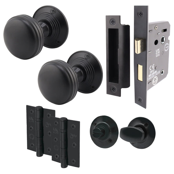 Victorian Ringed Black Mortice Door Knob Kit - 80mm Bathroom Lock - 76mm Hinges - tradefit - Featured Image
