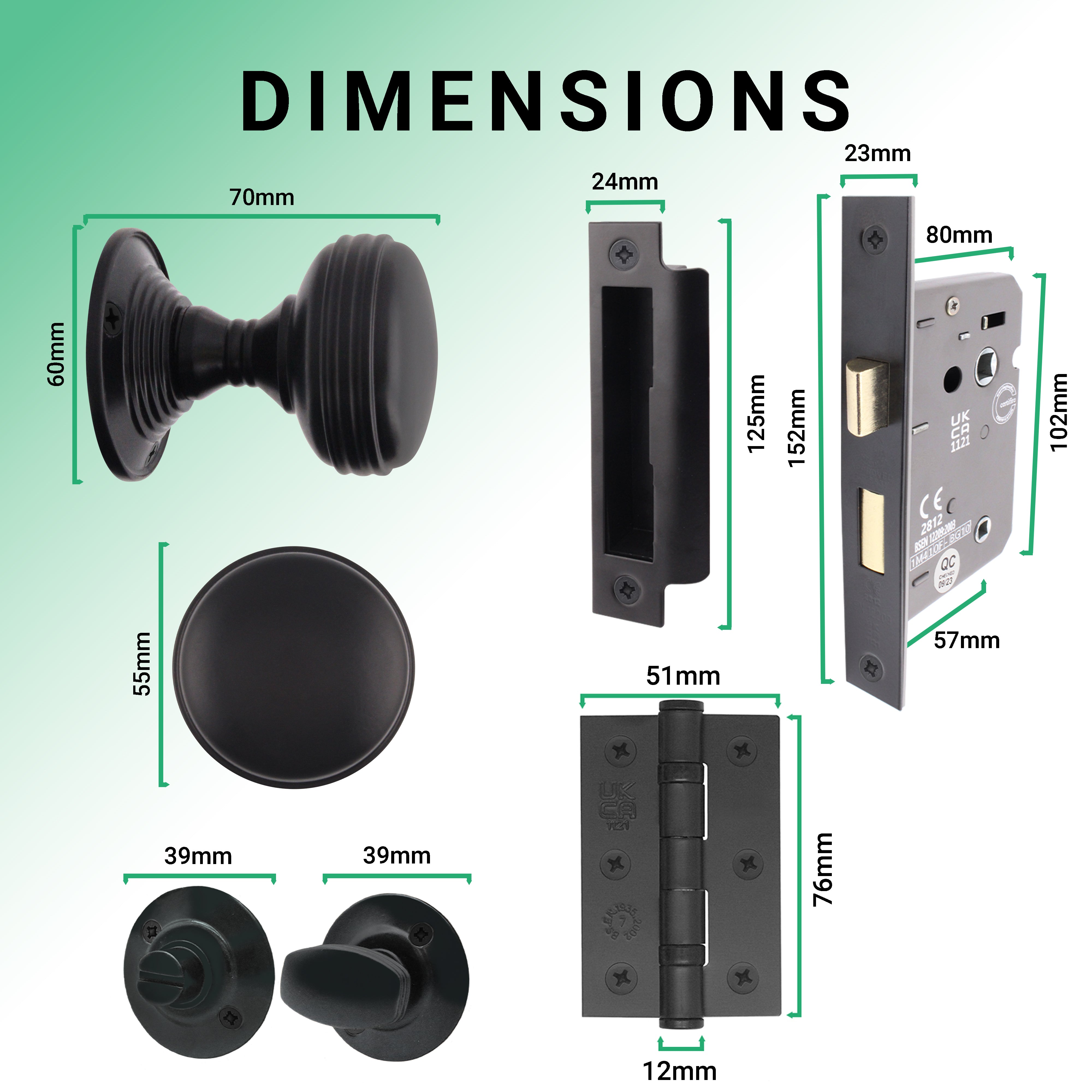 Victorian Ringed Black Mortice Door Knob Kit - 80mm Bathroom Lock
