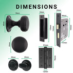 Victorian Ringed Black Mortice Door Knob Kit - 80mm Bathroom Lock - 76mm Hinges - tradefit - 3