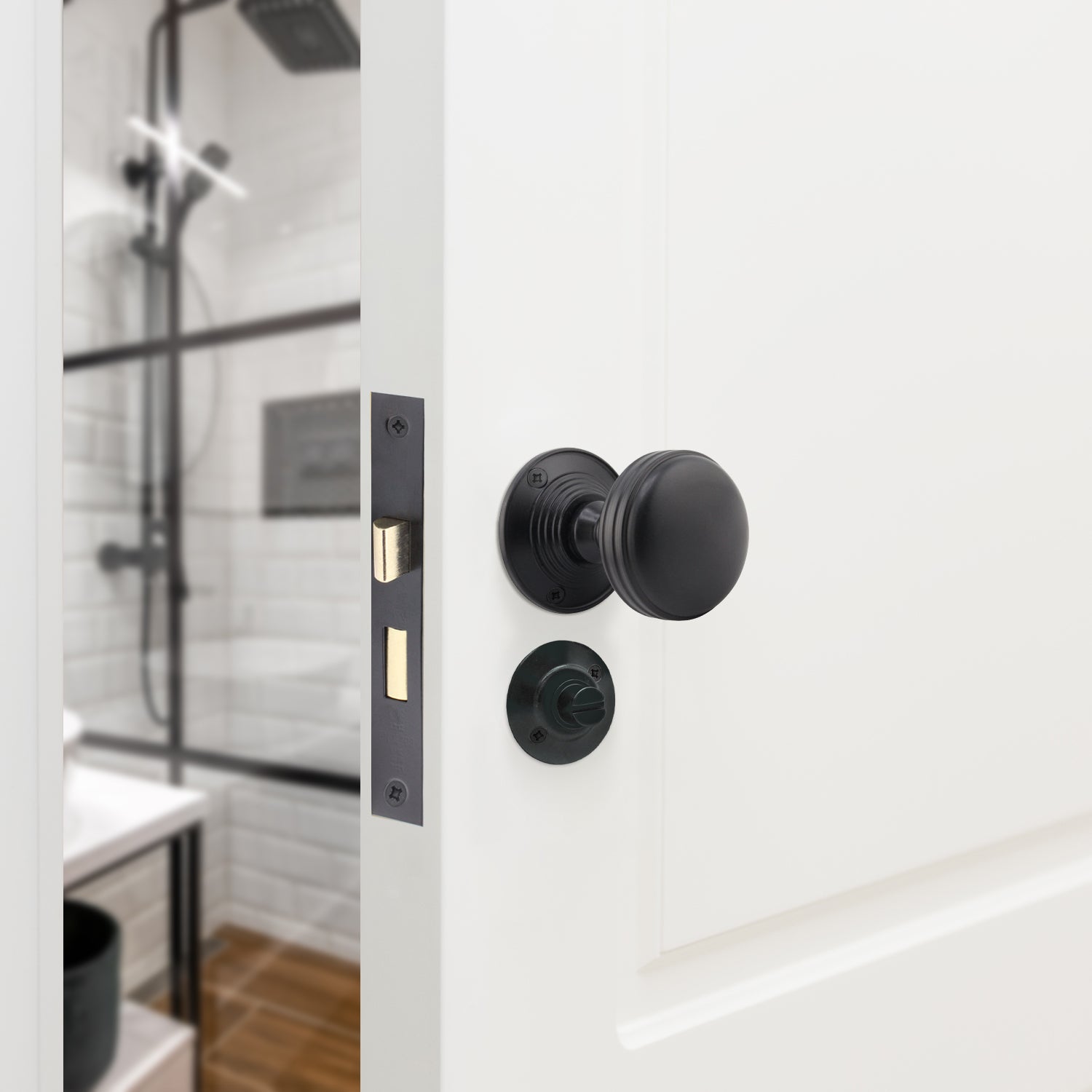 Victorian Ringed Black Mortice Door Knob Kit - 80mm Bathroom Lock