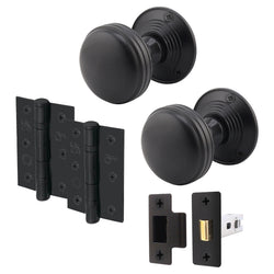Victorian Ringed Black Mortice Door Knob Kit - 76mm Latch - 76mm Hinges - tradefit