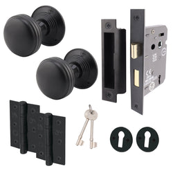 Victorian Ringed Black Mortice Door Knob Kit - 80mm Sashlock - 76mm Hinges - tradefit