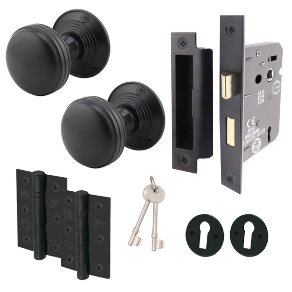 Victorian Ringed Black Mortice Door Knob Kit - 80mm Sashlock - 76mm Hinges - tradefit - Featured Image