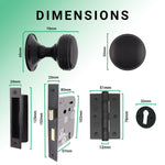 Victorian Ringed Black Mortice Door Knob Kit - 80mm Sashlock - 76mm Hinges - tradefit - 3