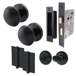 Victorian Matt Black Mortice Door Knob Kit - 80mm Bathroom Lock - 76mm Hinges - tradefit - 1