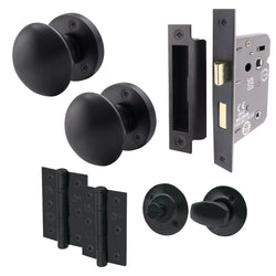 Victorian Matt Black Mortice Door Knob Kit - 80mm Bathroom Lock - 76mm Hinges - tradefit