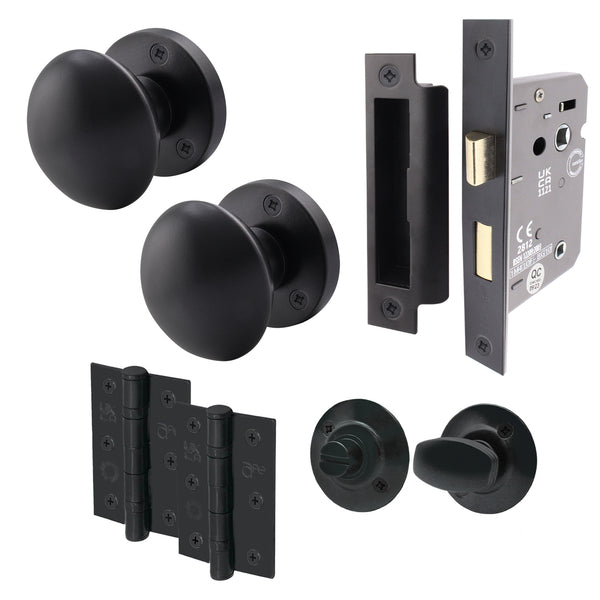 Victorian Matt Black Mortice Door Knob Kit - 80mm Bathroom Lock - 76mm Hinges - tradefit - Featured Image