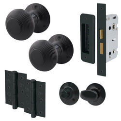 Beehive Black Mortice Door Knob Kit - 80mm Bathroom Lock - 76mm Hinge - tradefit