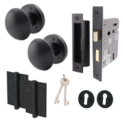 Victorian Matt Black Mortice Door Knob Kit - 80mm Sashlock - 76mm Hinges - tradefit